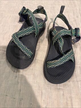 Chaco Kids Navy Sandals with Green-Striped Webbing US2